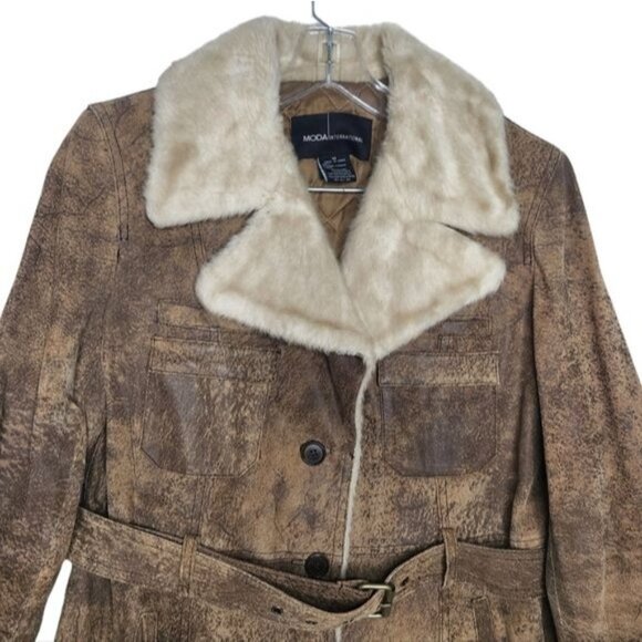 MODA INTERNATIONAL Distressed Genuine Leather Jacket Coat - Picture 3 of 9